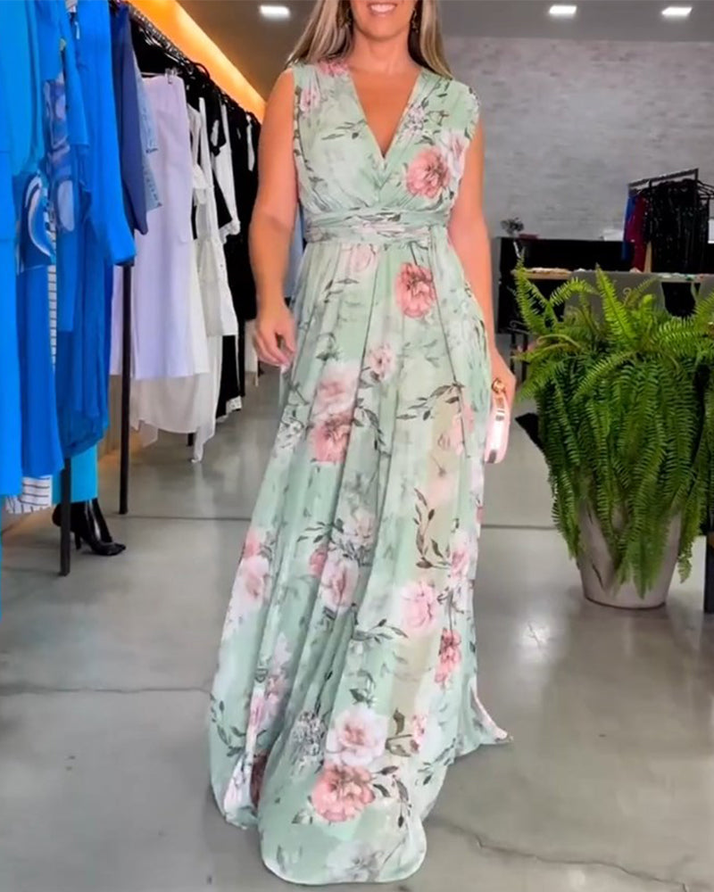 Erika - Elegante mouwloze jurk met V-hals en bloemenprint