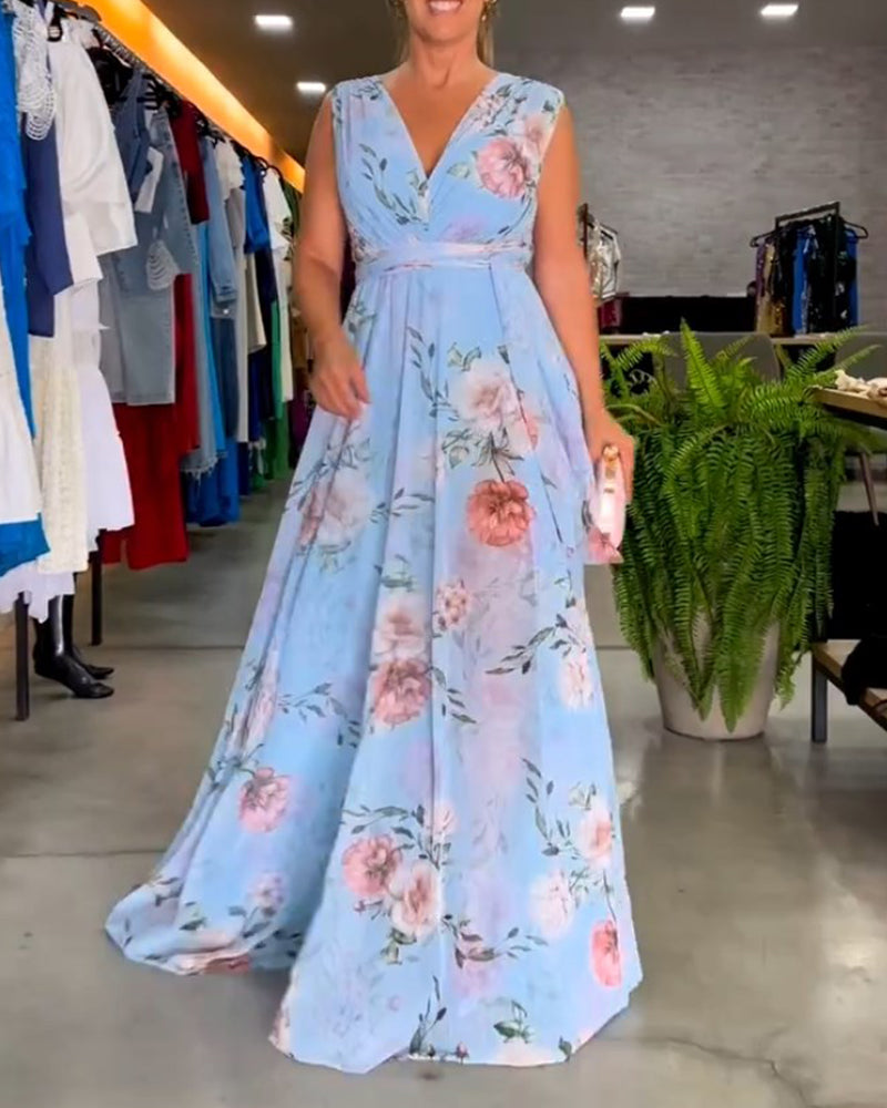 Erika - Elegante mouwloze jurk met V-hals en bloemenprint