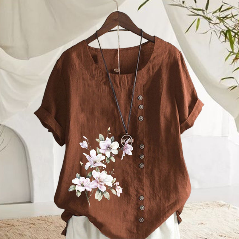 Kurzärmlige Bluse aus Baumwolle und Leinen mit Blumenmuster