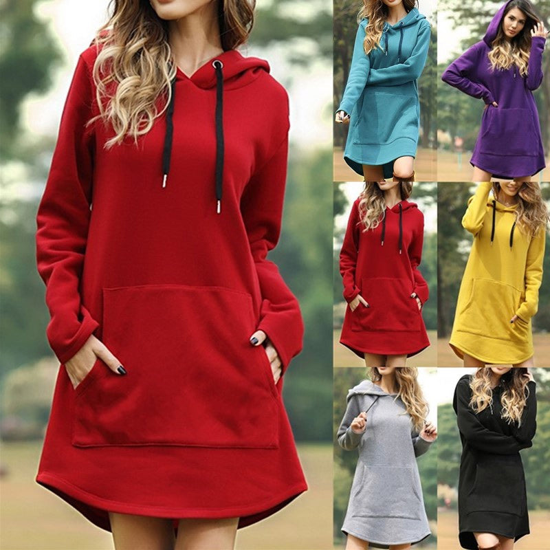 Einfarbiges langärmliges Hoody-Kleid mit Tasche