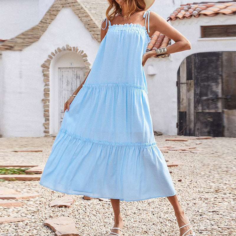 Ärmelloses Fließendes Plissiertes Strandkleid