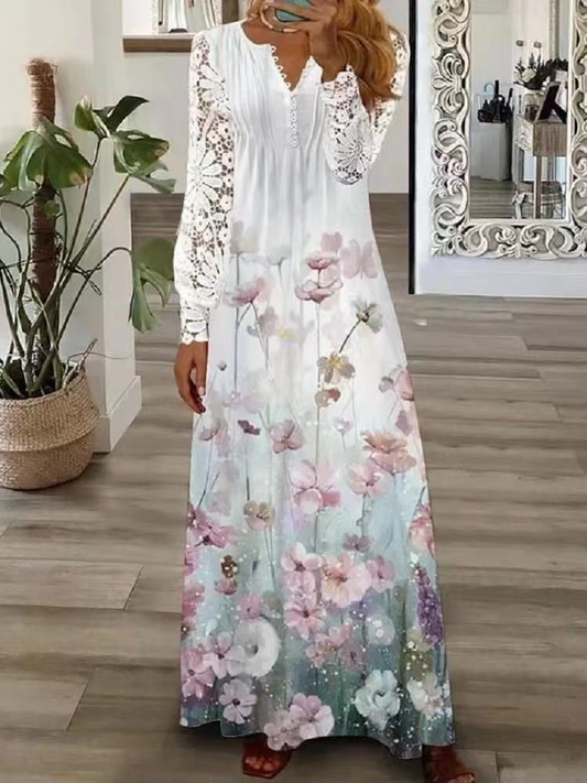 FallStil® - Elegantes grünes geblümtes langes Kleid