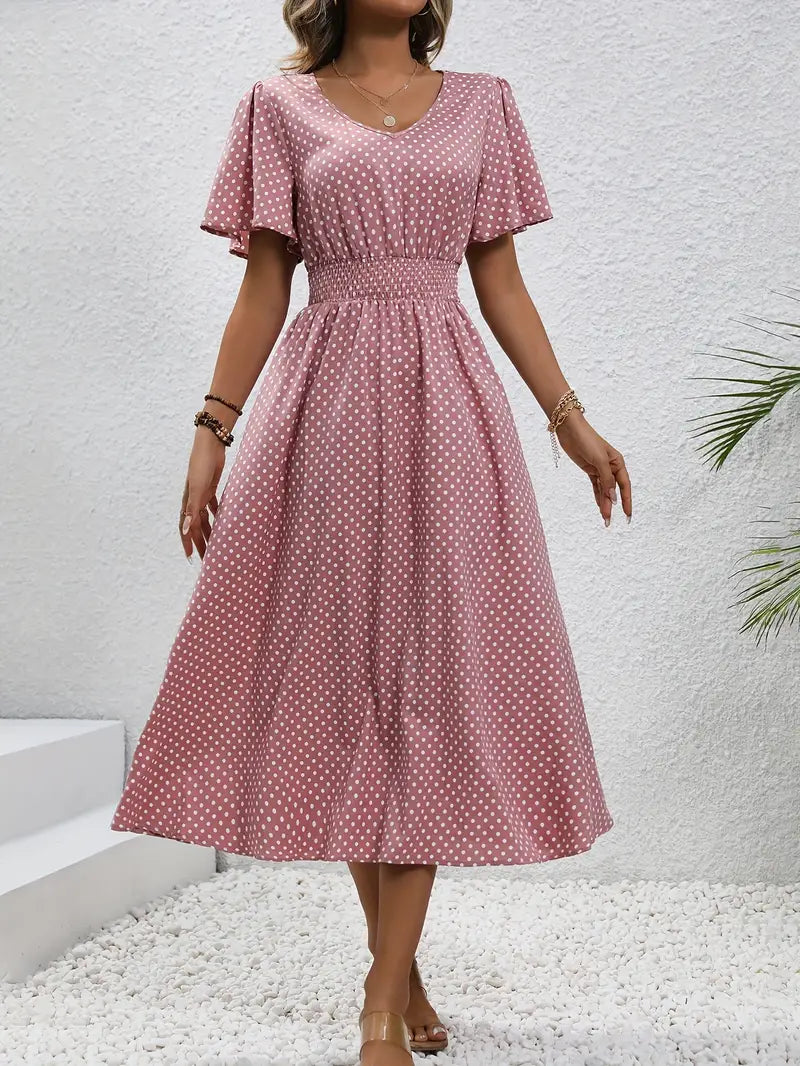 Amelia – allover-print-kurzarmkleid mit geraffter taille für frühling und sommer