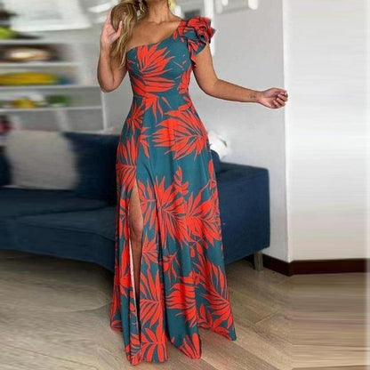 FallStil® - Maui Orange Palmetto Blue Asymmetrisches Maxikleid mit Rüschen