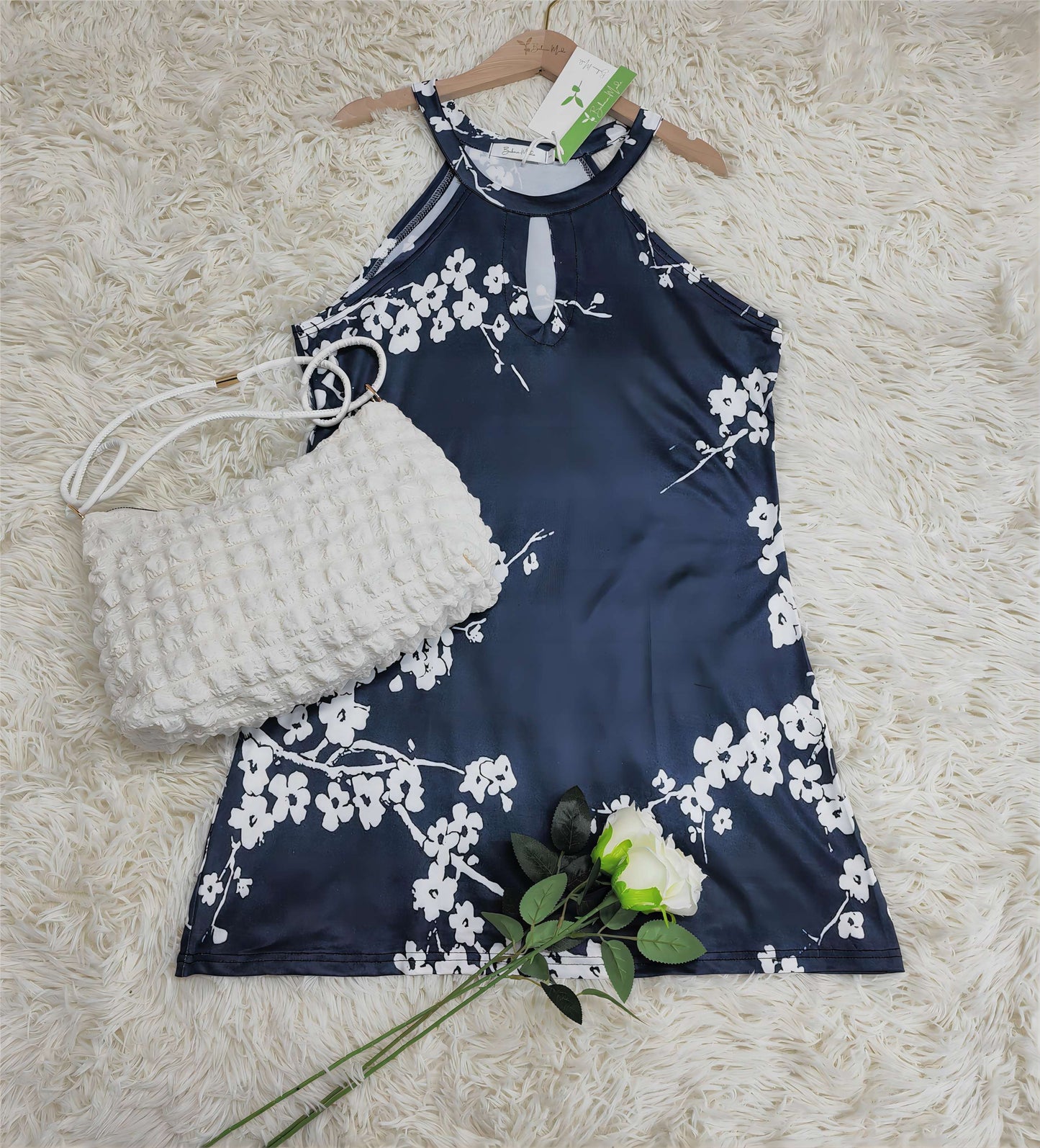 PureWear® - Weißes Cherry Blossom Navy Schlüssellochhalter-Minikleid