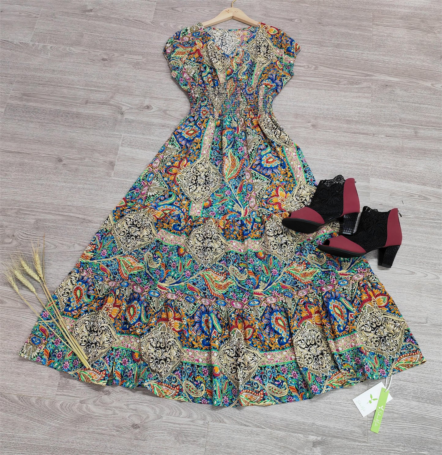 FallStil® - Buntes Paisley geraffte Taille Langes Sommerkleid