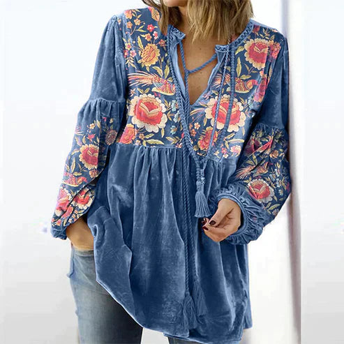 Vivianne | Damen bluse mit Vintage-Print und V-Ausschnitt mit langen Ärmeln