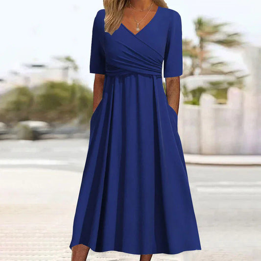 Grace – blaues, schlichtes midikleid mit v-ausschnitt