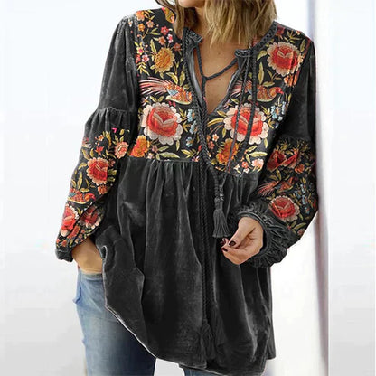 Vivianne | Damen bluse mit Vintage-Print und V-Ausschnitt mit langen Ärmeln