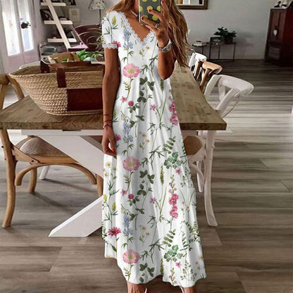 SpringStil® - Garten Print V-Ausschnitt Weißes Maxi-Sommerkleid