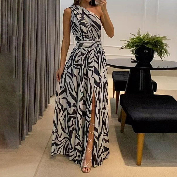 SpringStil® - Weiß Schwarz Zebra Print Asymmetrisches Maxikleid mit Frontschlitz