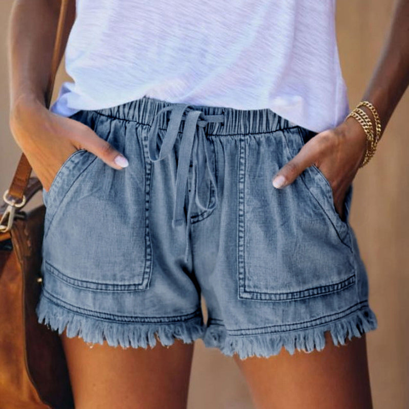 Einfarbige Lässige Denim-Shorts Mit Elastischer Taille