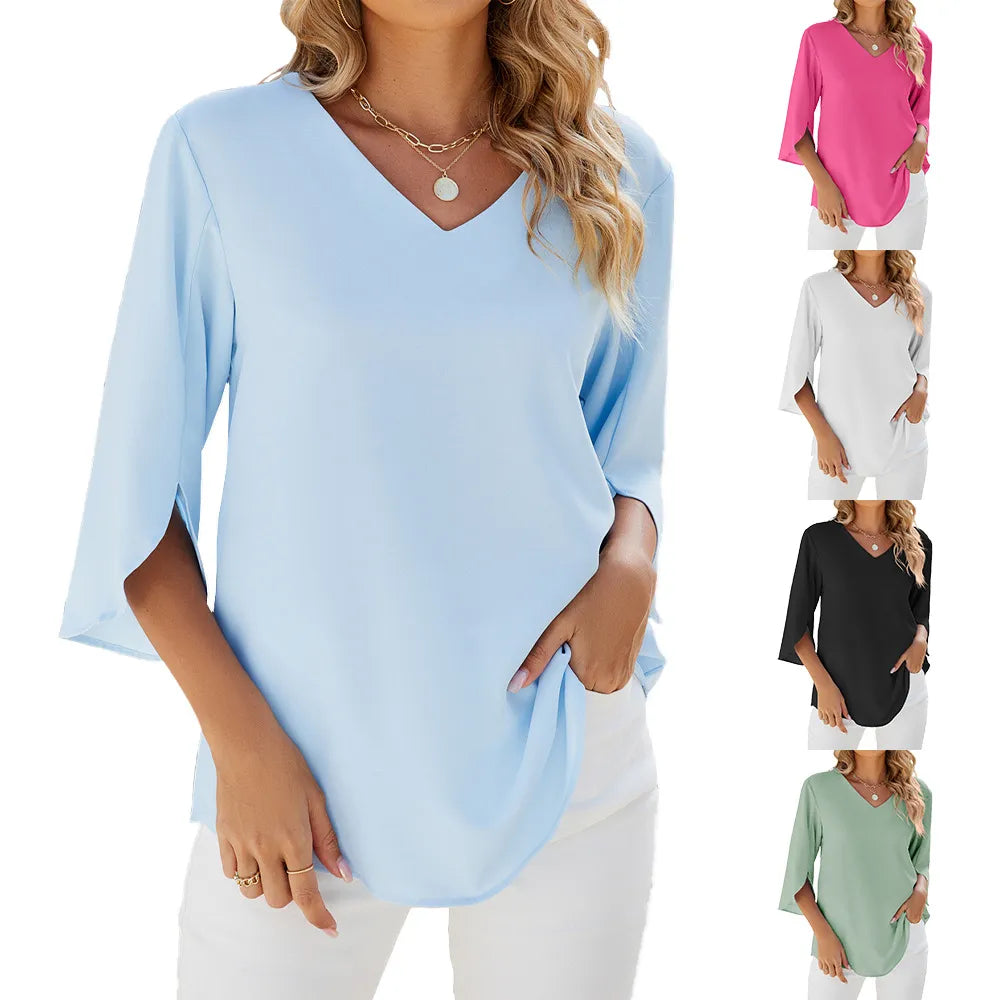 Teresa - Damen Hemden Kurzarm Tops Reversausschnitt Bluse Elegantes Tunika Shirt