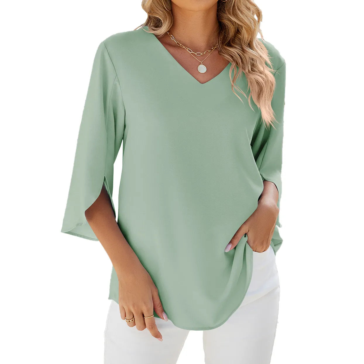 Teresa - Damen Hemden Kurzarm Tops Reversausschnitt Bluse Elegantes Tunika Shirt