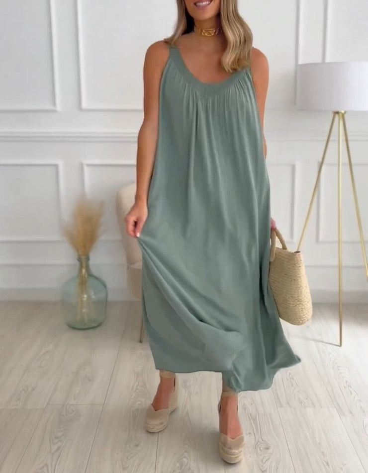 BlütenBliss® - Grünes einfarbiges Maxikleid in Baggy-Form