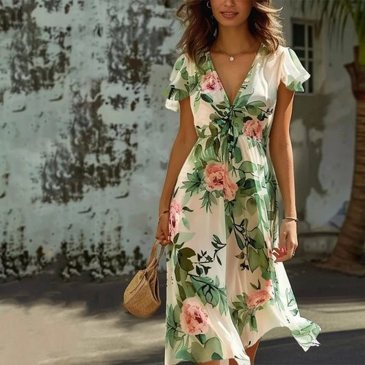 Weißes Blumen-Midi-Kleid - Charlotte