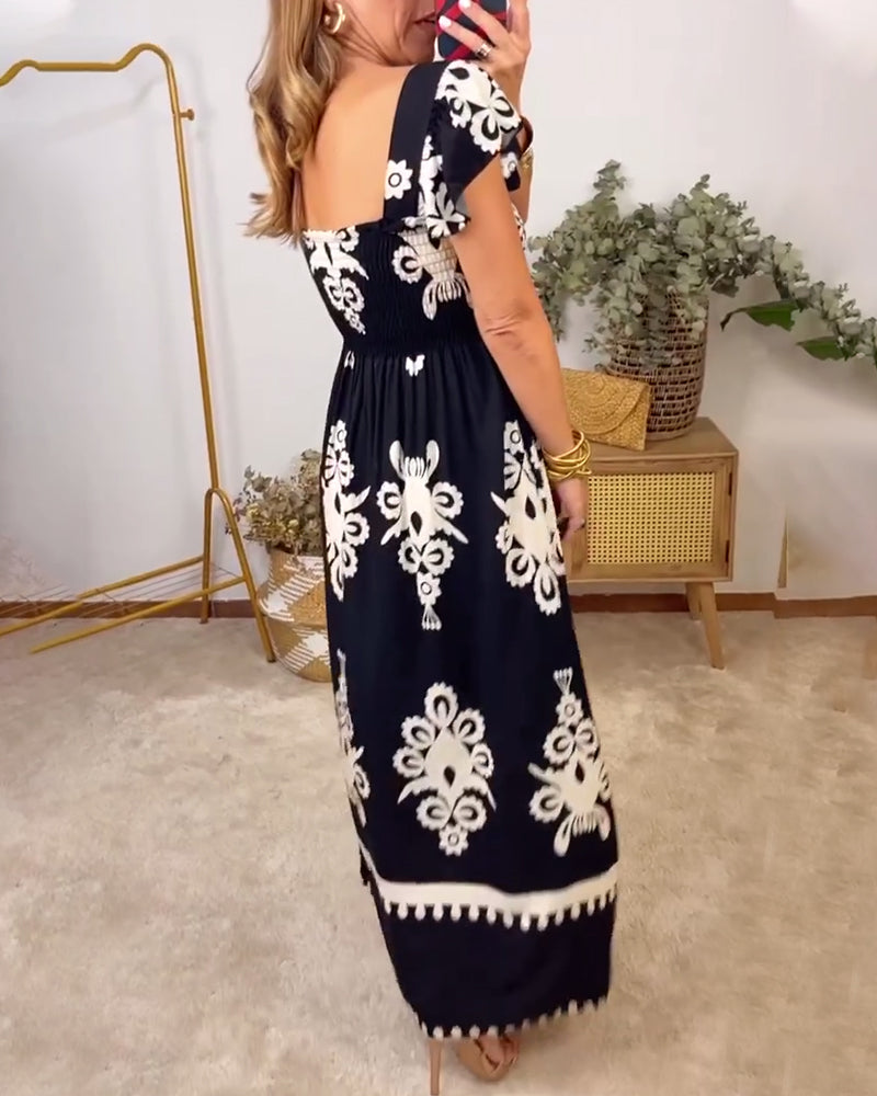 Elegantes, bedrucktes, plissiertes Kleid mit quadratischem Ausschnitt