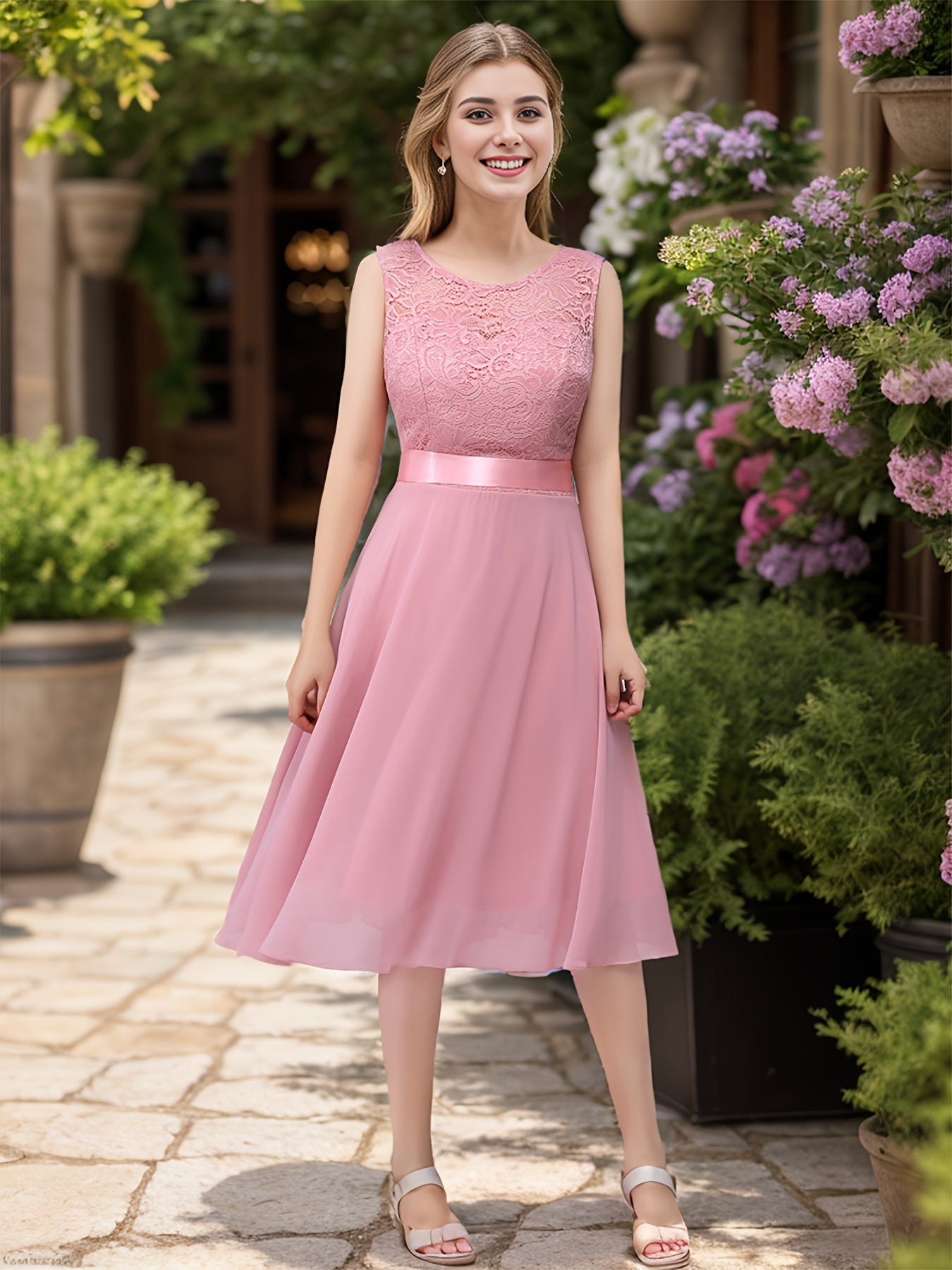 Rosa Spitzenkleid Midi - Clara