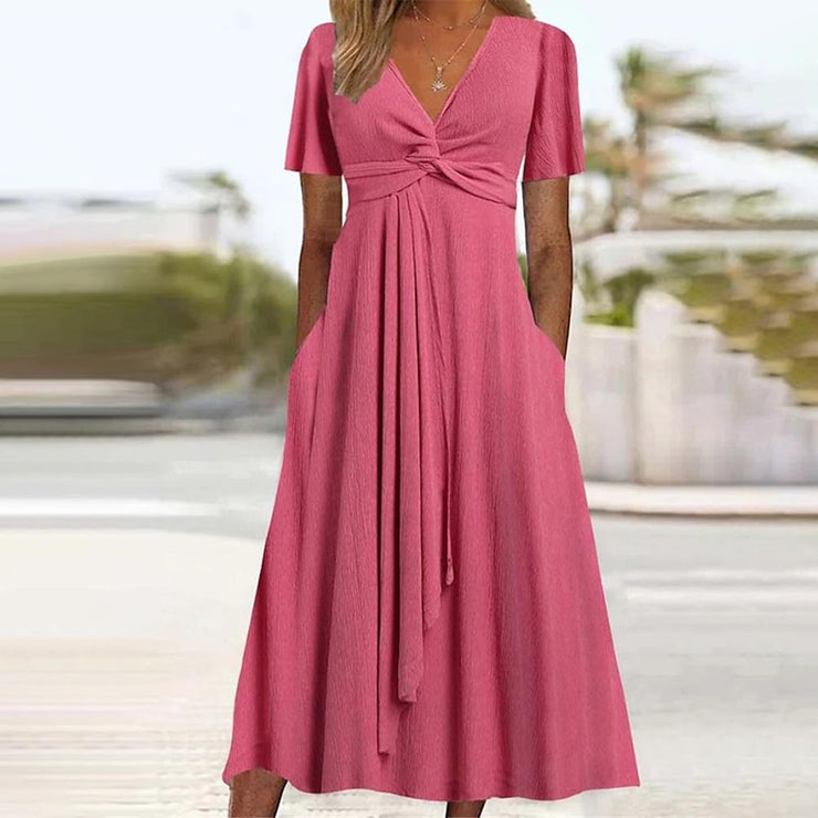 PureWear® - Rosa einfarbiges Midikleid mit kurzen Ärmeln