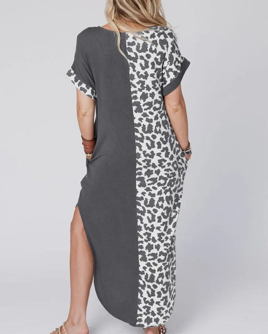 Kleid mit Rundhalsausschnitt und Leoparden-Farbblock