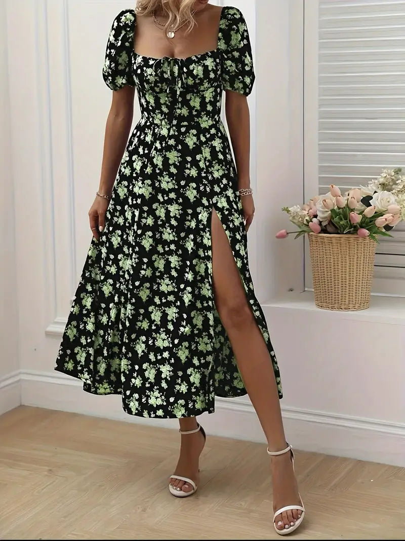 Ava – a-linien-kleid mit blumendruck und puffärmeln für frühling und sommer