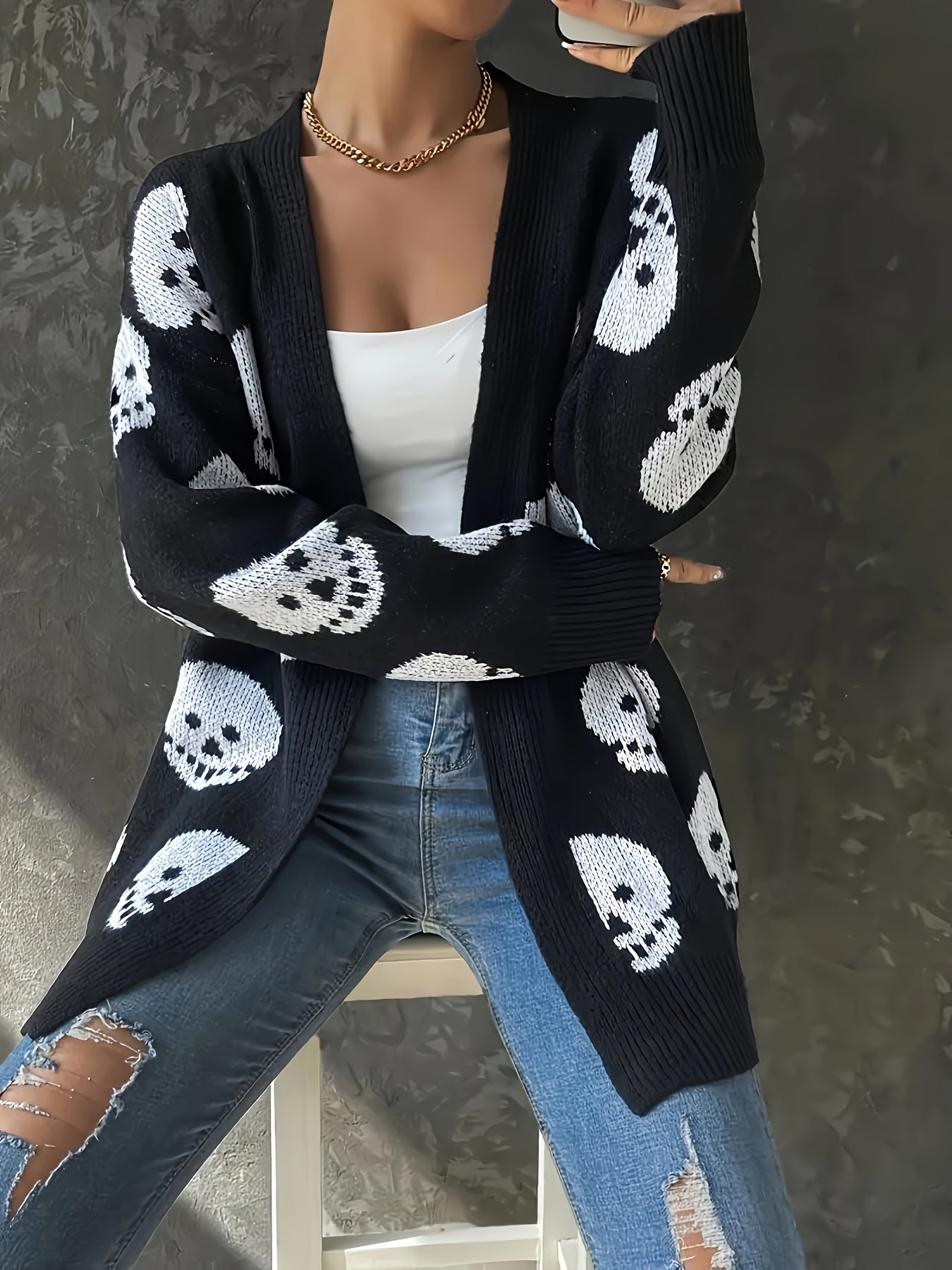 Plus Size Totenkopf-Strickjacke