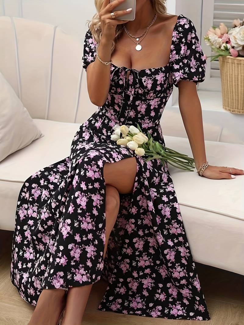 Ava – florales a-linien-kleid mit geteiltem saum für den frühling