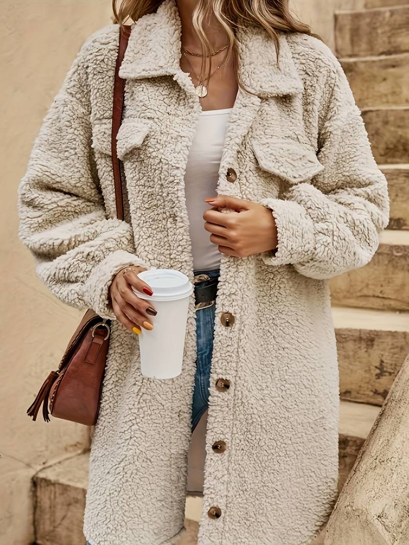 Leah - Button Front Solid Teddy Coat, lässige Langarm-Winter-Oberbekleidung für Frauen