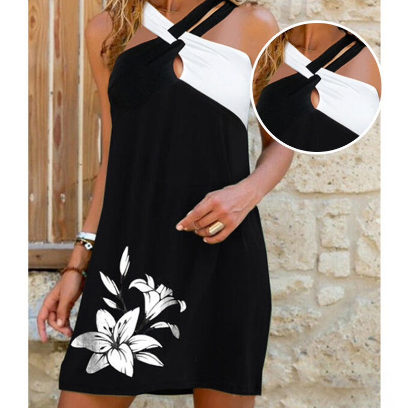 Neues ärmelloses Kleid mit sexy Ausschnitt und Blumendruck