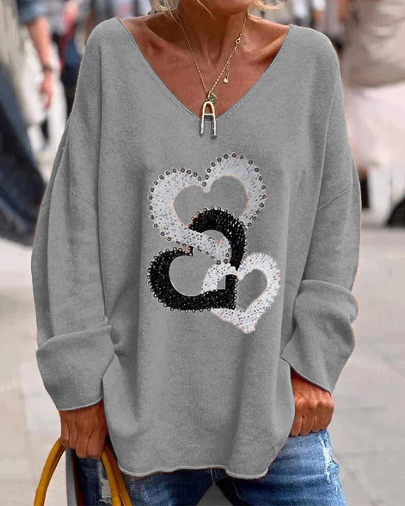 Trendy V-Ausschnitt Pullover mit Herzdesign