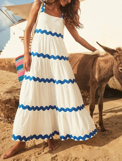 Weißes Maxi-Kleid mit Blauen Wellen - Anna