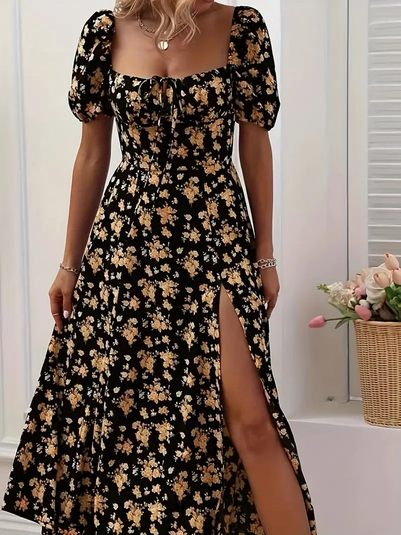 Ava – a-linien-kleid mit blumendruck und puffärmeln für frühling und sommer