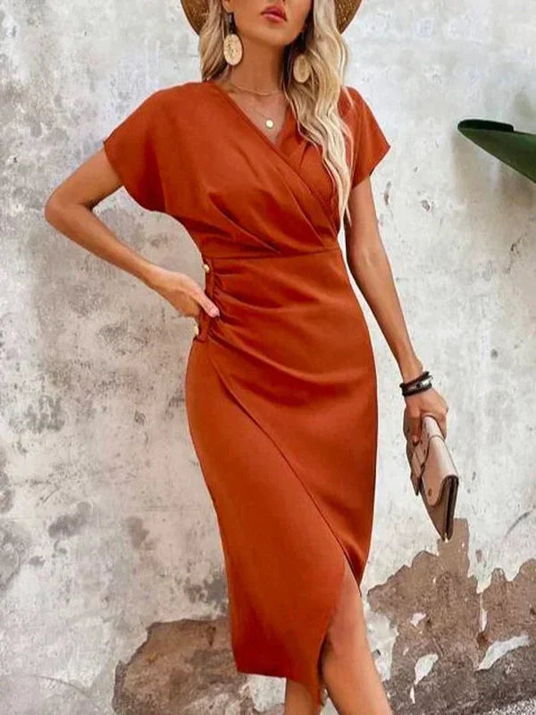 FallStil® - Orangefarbenes einfarbiges Midikleid mit V-Ausschnitt