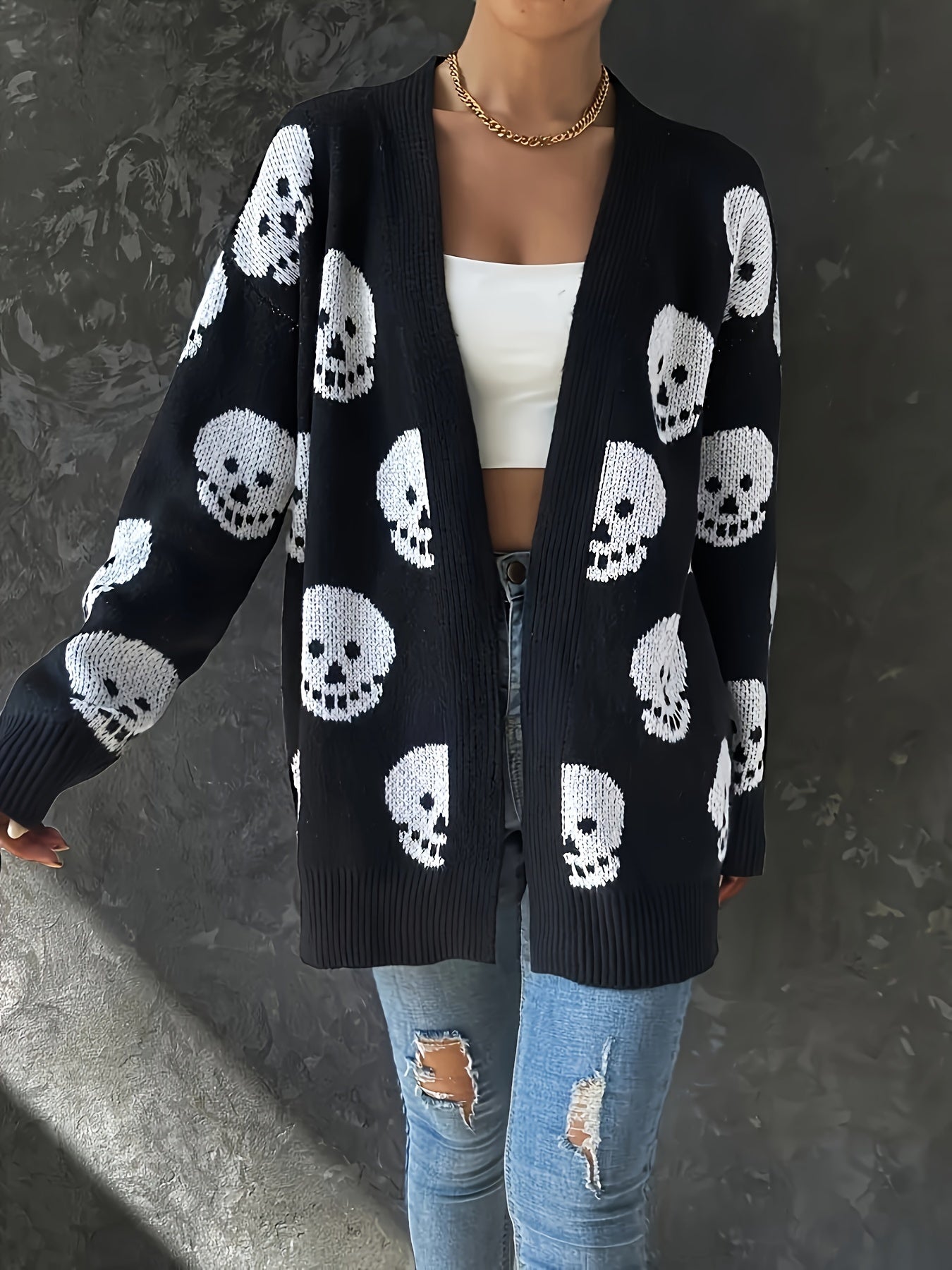 Plus Size Totenkopf-Strickjacke