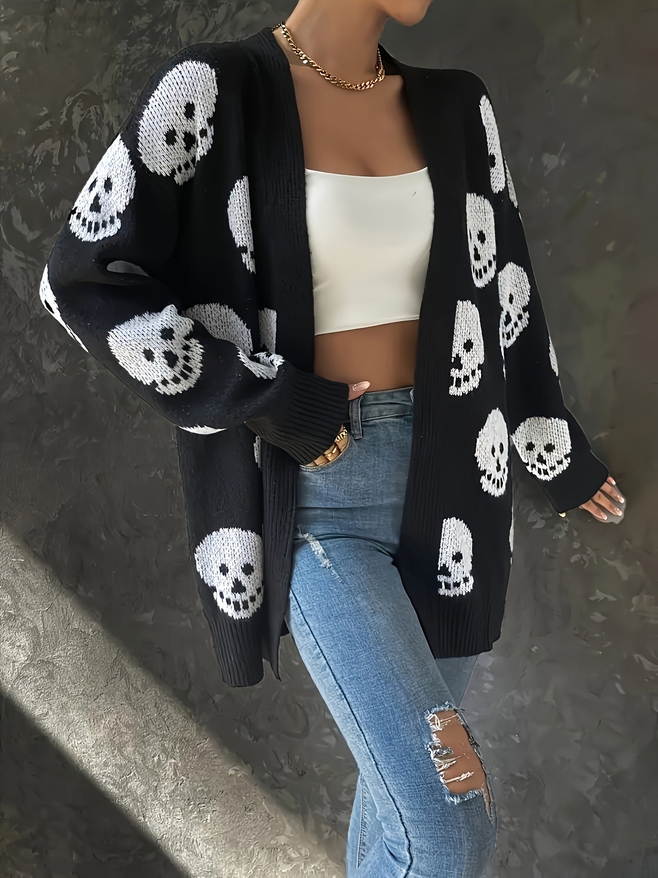 Plus Size Totenkopf-Strickjacke