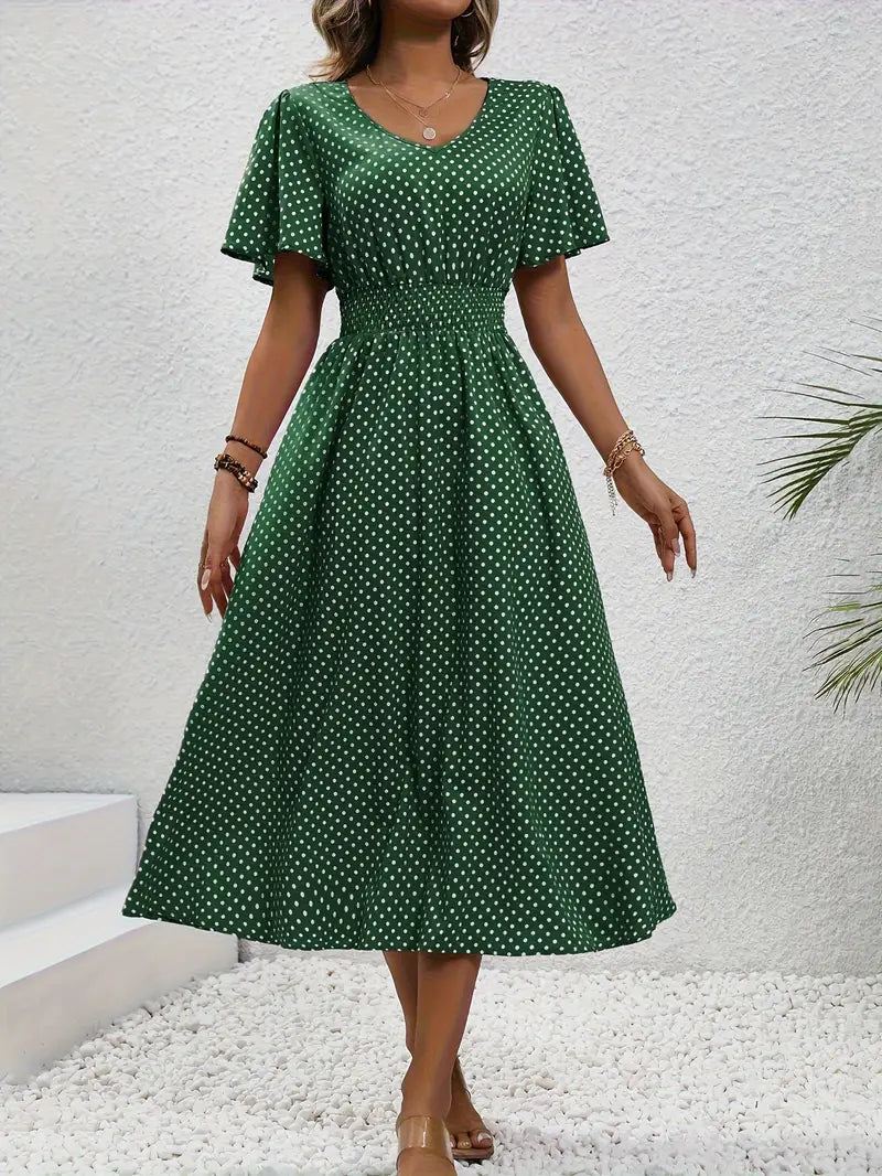 Amelia – allover-print-kurzarmkleid mit geraffter taille für frühling und sommer