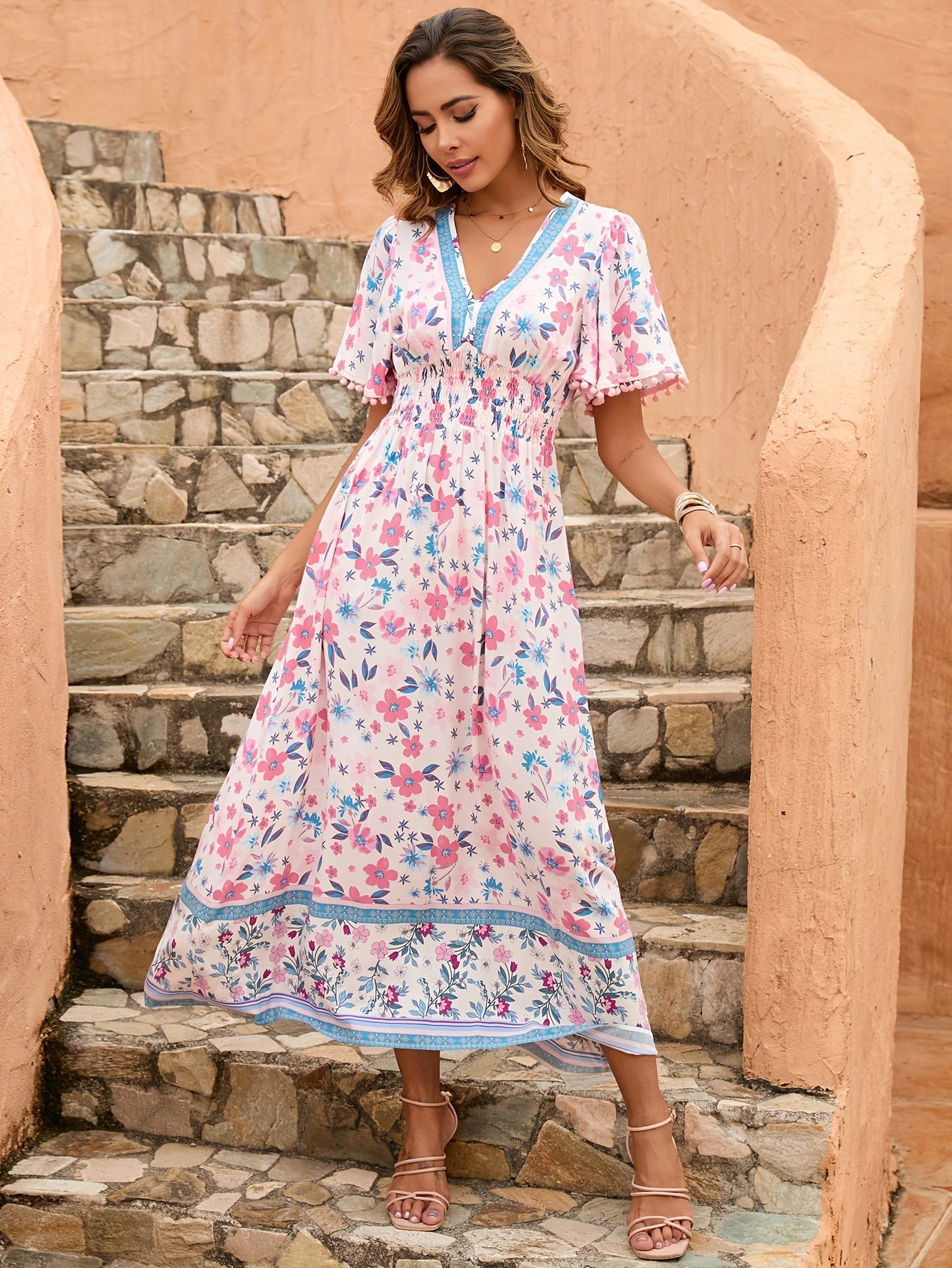 Rosa Boho-Kleid mit Blumendruck - Lea