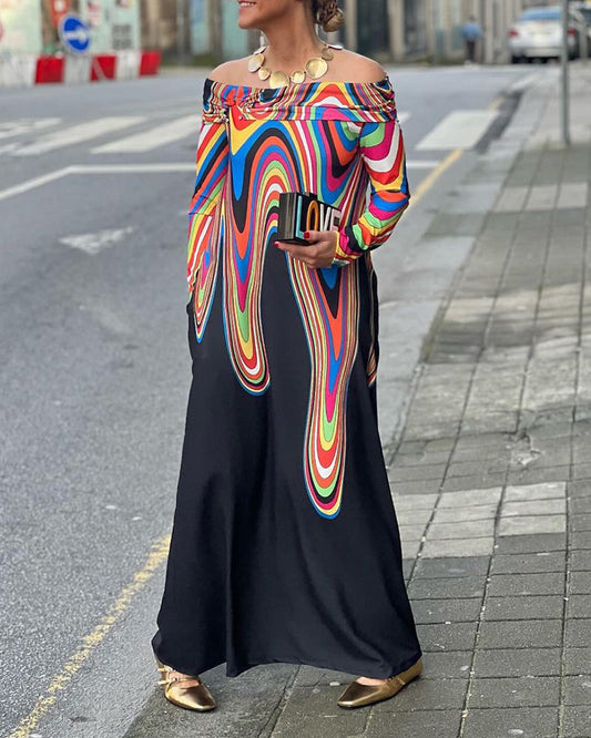 Elegantes, schulterfreies Maxikleid mit langen Ärmeln