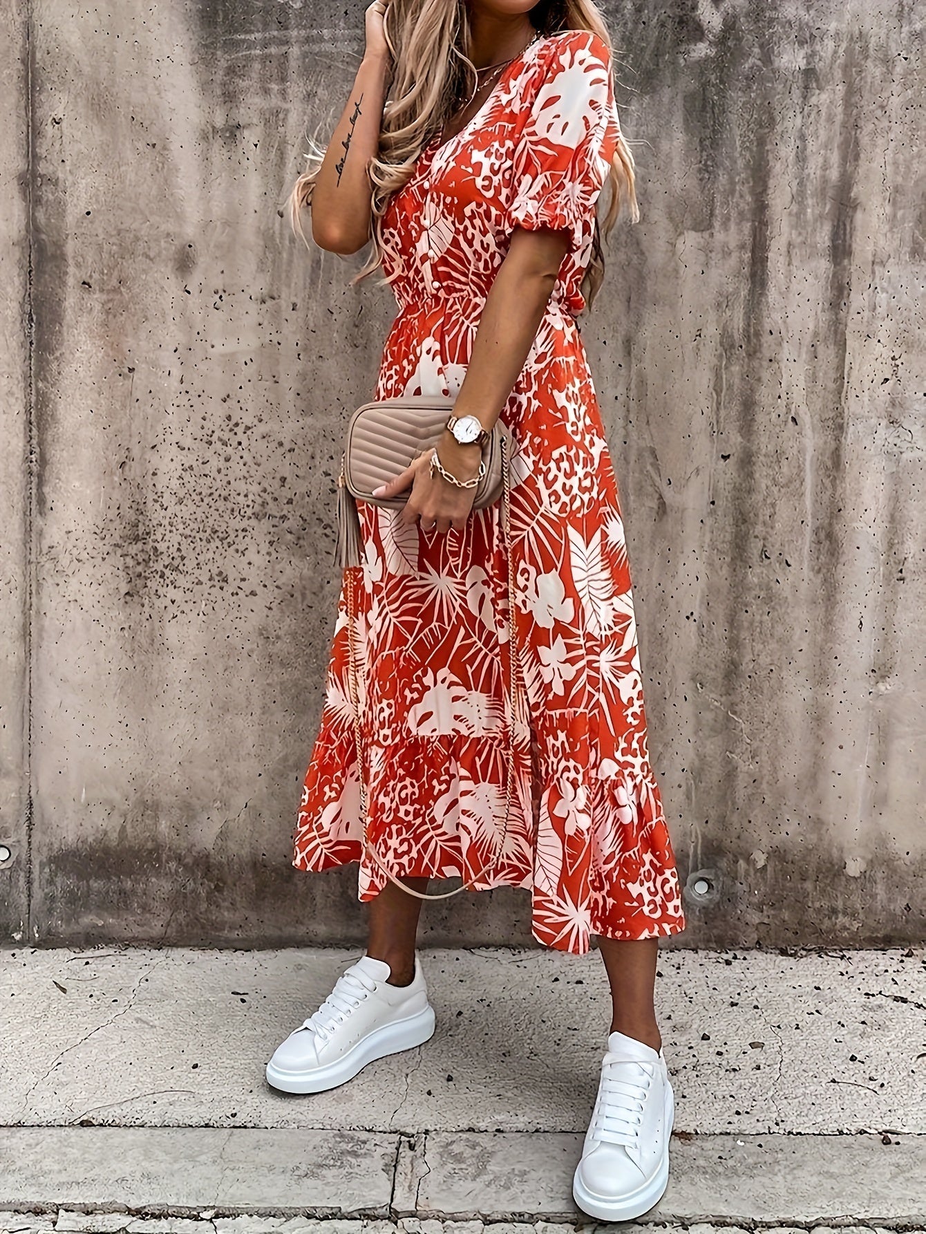 Rotes Leaf Print Midi-Kleid - Mia