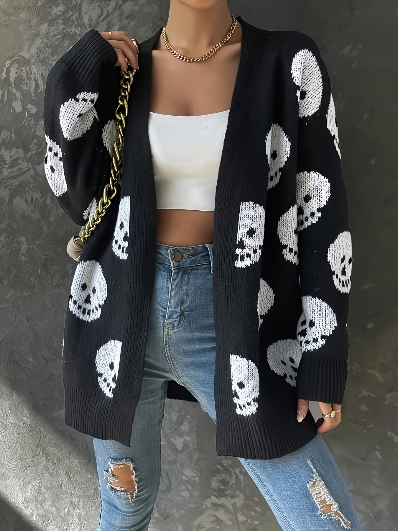 Plus Size Totenkopf-Strickjacke