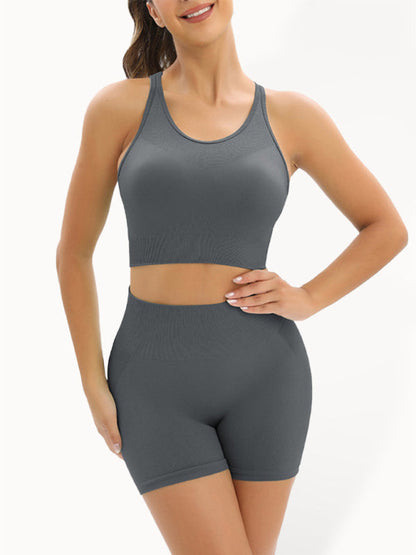 Damen-Set mit schönem Rücken, hoher Taille, pfirsichfarbener Hüfte, nahtlos gestrickt, Tank-Top und Shorts, zweiteiliges Set