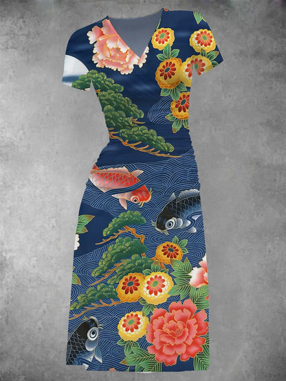 BlütenBliss® - Damen Vintage Koi Fisch Grafik Midikleid