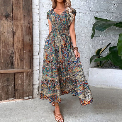 Elli – Elegantes Bohemian-Kleid mit elastischer Taille und V-Ausschnitt