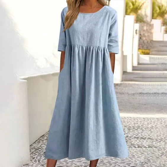 Alicia™- Round neck pocket cotton dress